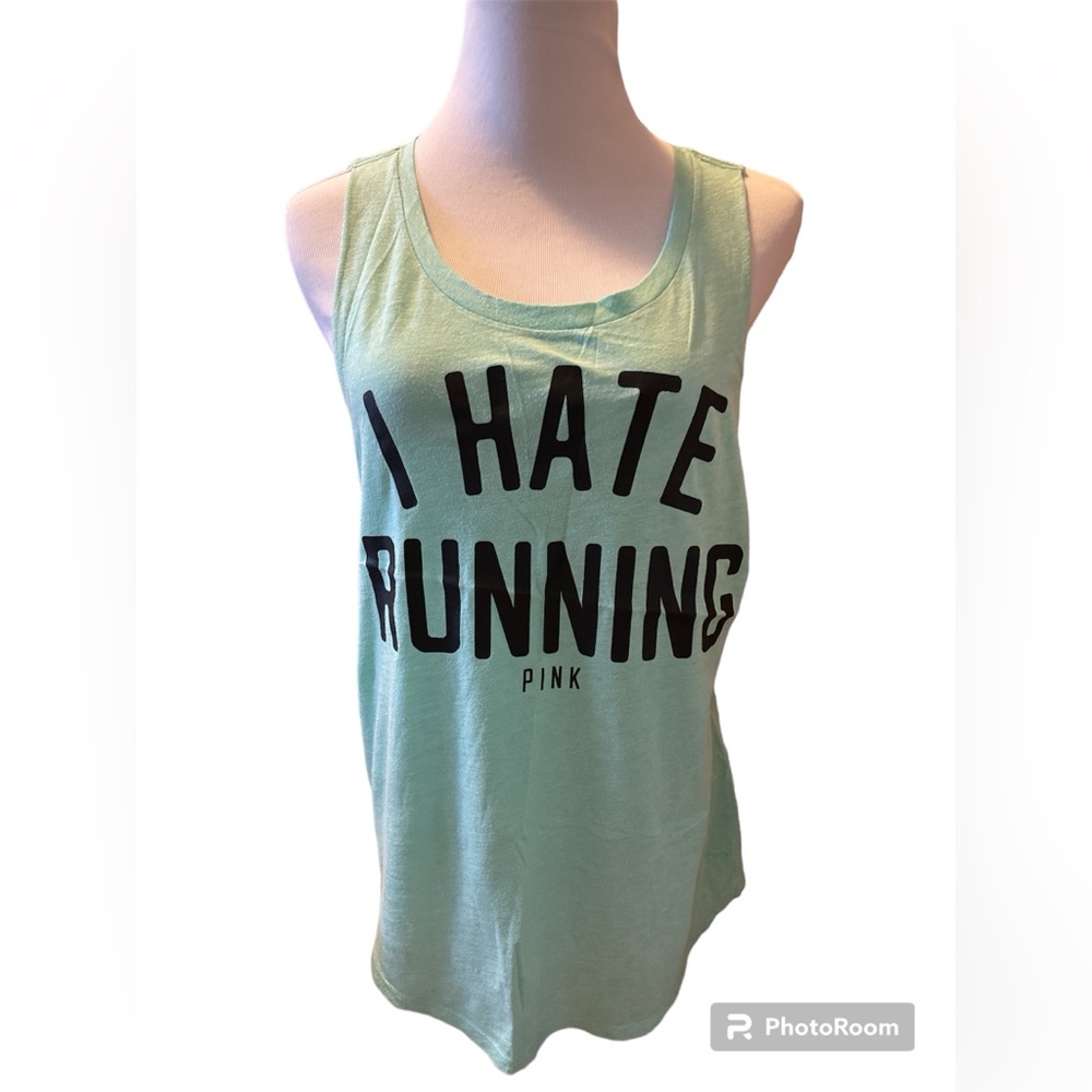 Victoria’s Secret PINK Green “I Hate Running” Size XS Tank Top Gently Used